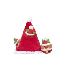 PLYŠOVÁ HRAČKA PRE PSOV SNIFFIES mini Santovia vo vianočnej čiapke s pískadlom a Vianočná čiapka: 22x18,5x18,5cm malý muž: 9,5x6,5x6cm