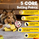 Plyšová hračka pre psov UNIQ PETS Squeakies – veselá opička v tvare banánu s pískadlom (11 x 8 x 24 cm)